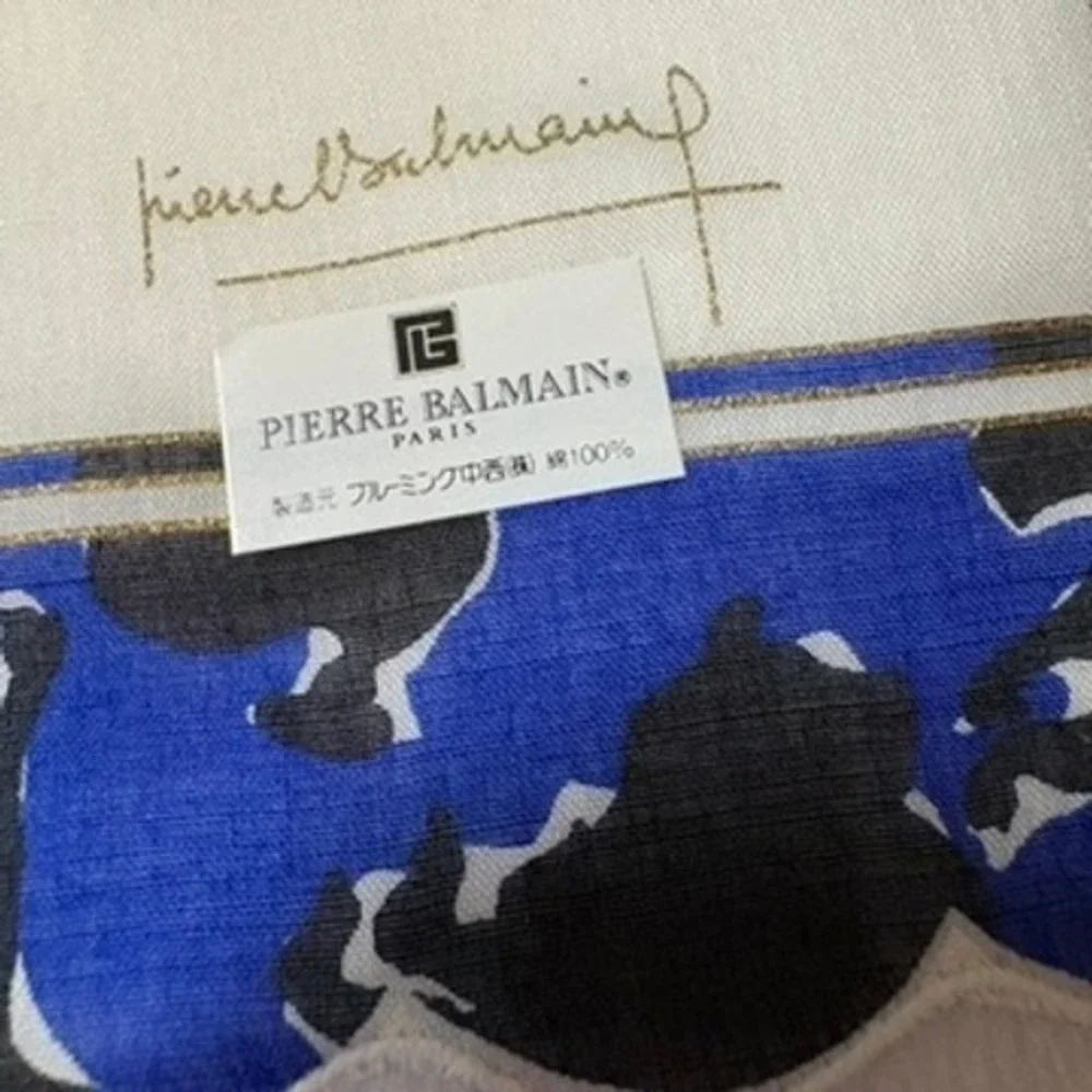 Vtg PIERRE BALMAIN Scarf Handkerchief Abstract Floral Cotton White Blue 17
